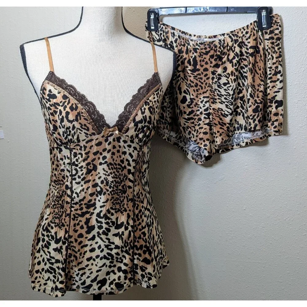 Womens Size Small 2 Pc Babydoll‎ Cami & Shorts Pajama Set Leopard Vintage Retro